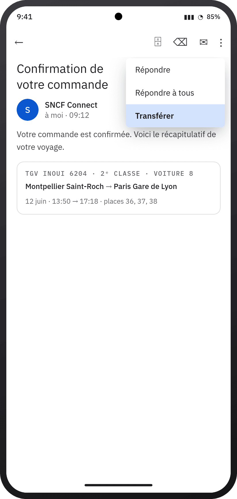 Le menu « Transférer » sur Android
