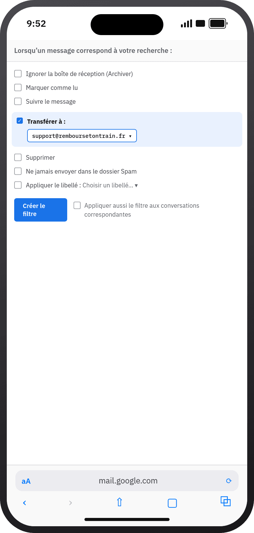 L’action « Transférer à » du filtre Gmail
