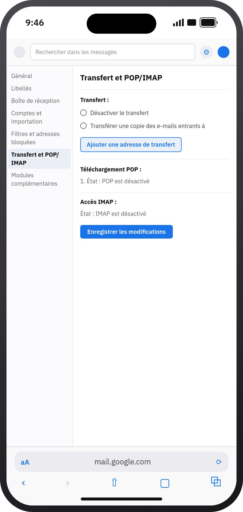 L’écran « Transfert et POP/IMAP » de Gmail