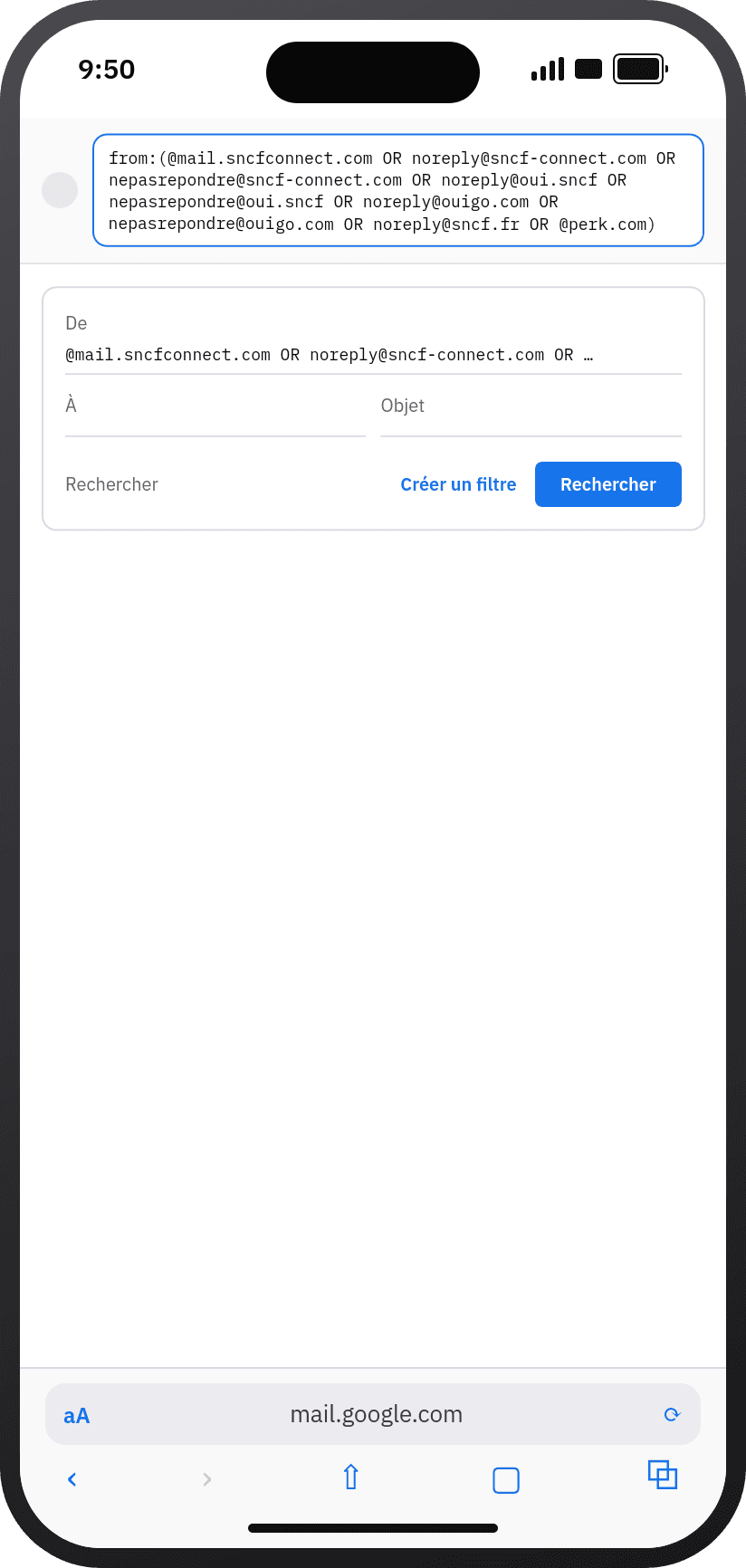 La requête collée dans la recherche Gmail