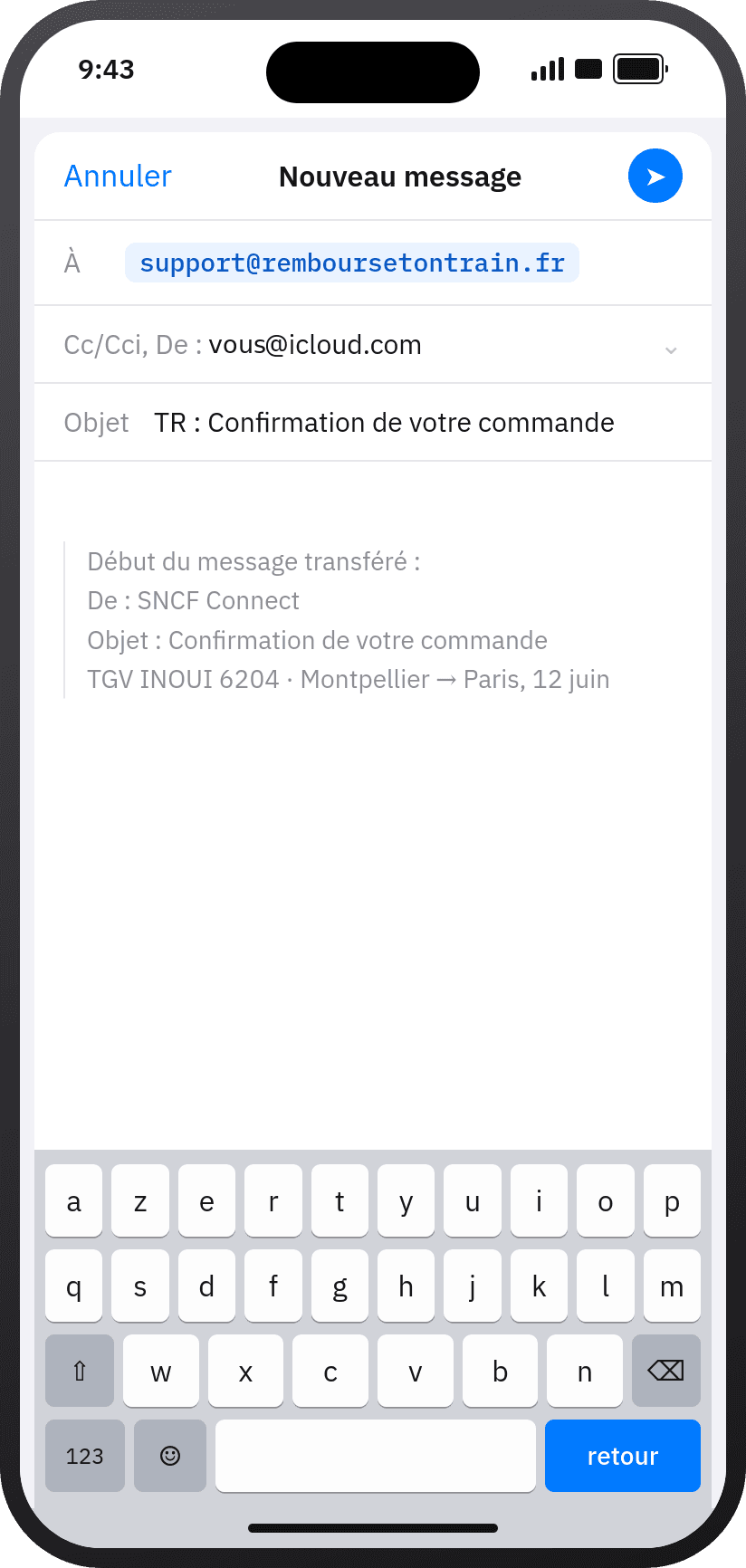 Le champ « À » rempli sur iPhone