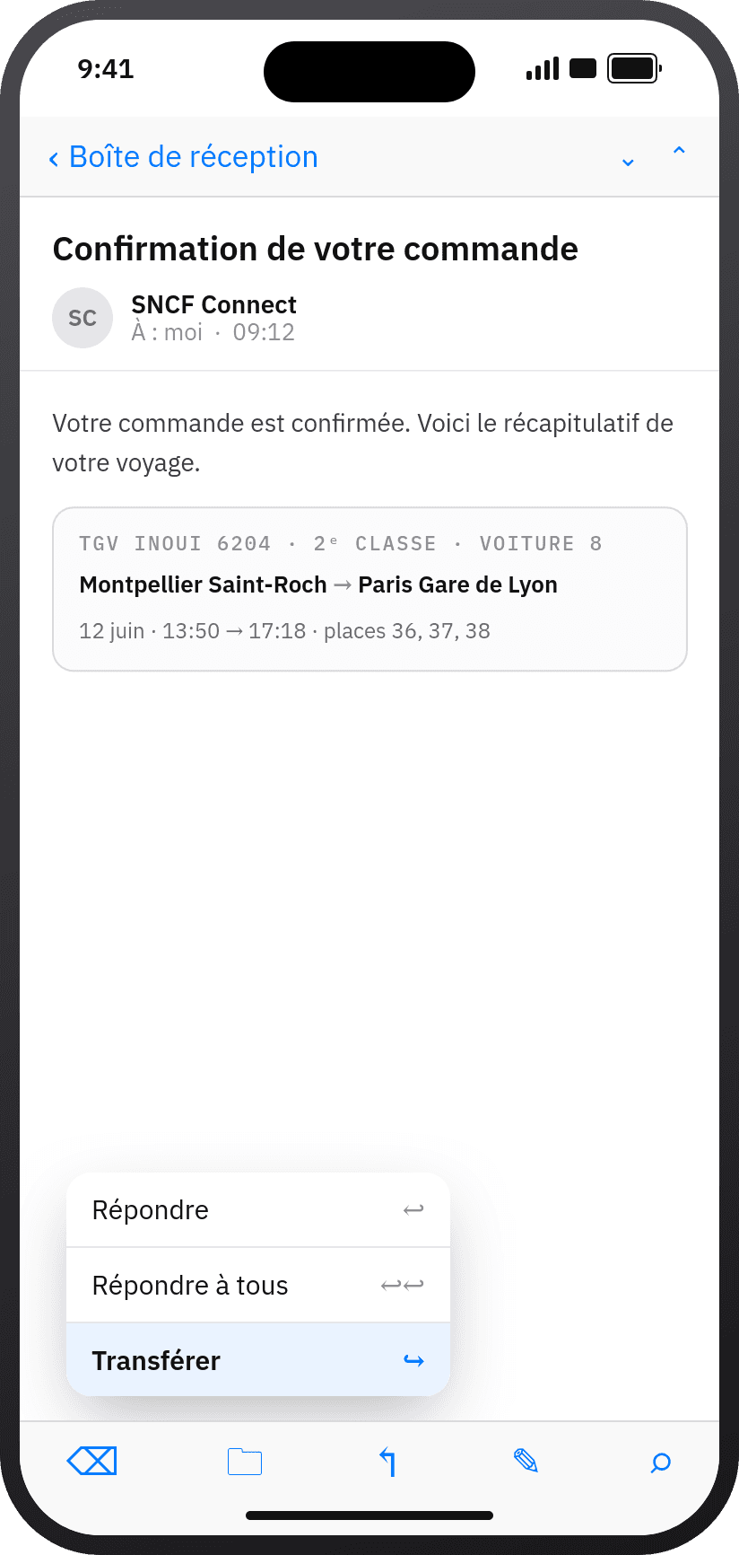 Le menu « Transférer » sur iPhone