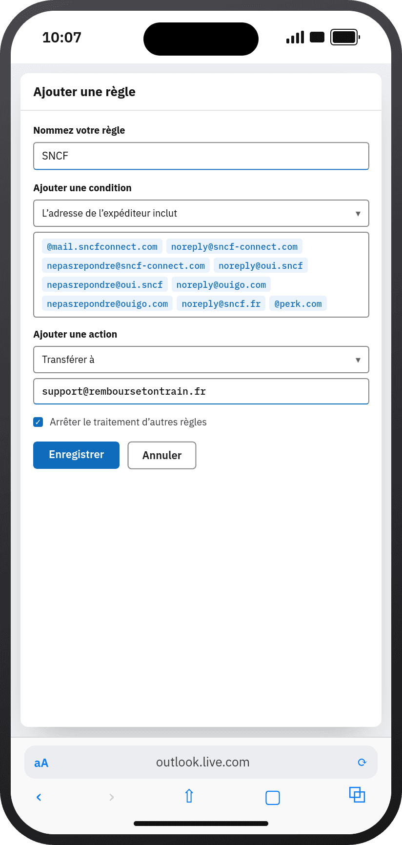 Une règle Outlook « Transférer à »